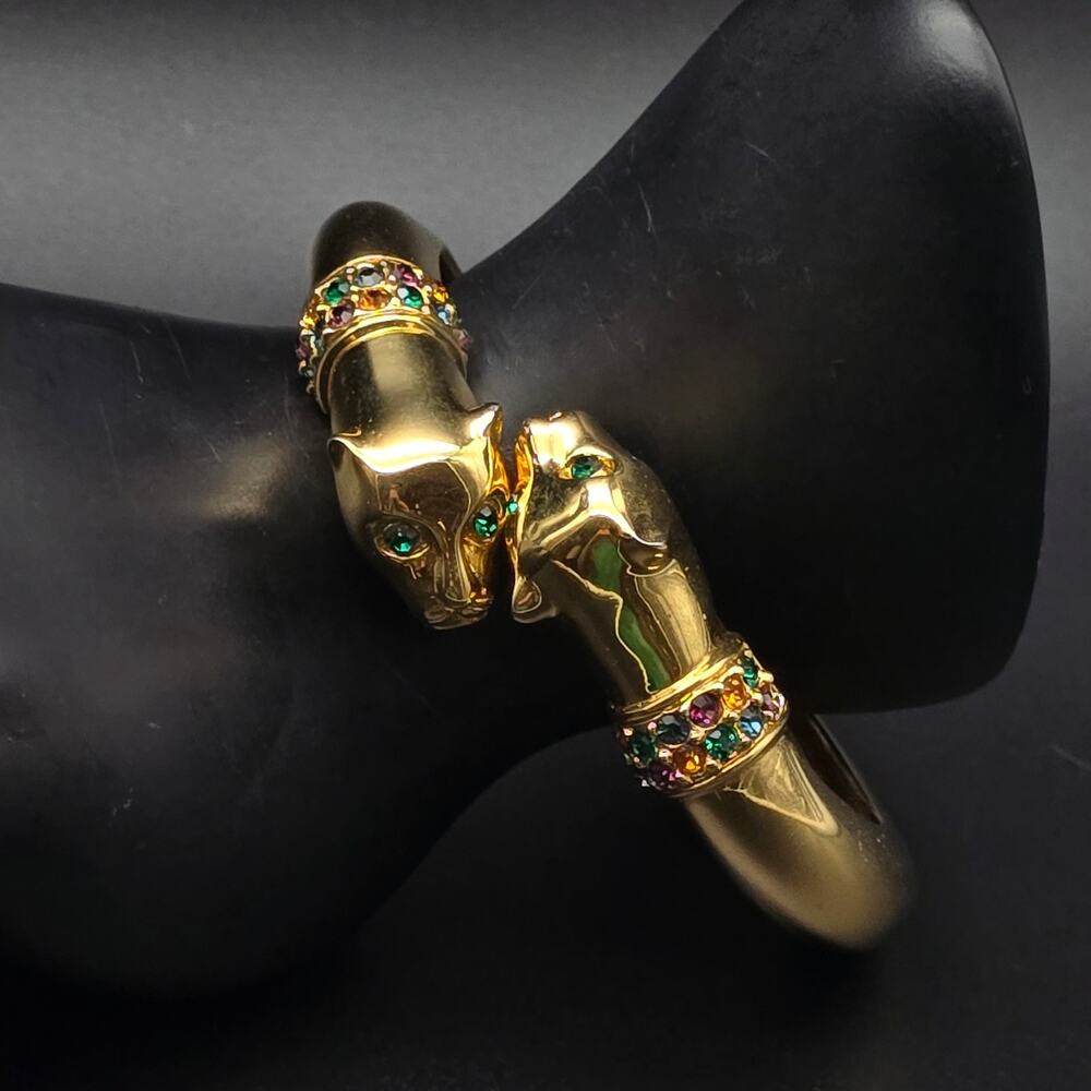 Joan Rivers Double Panther Bracelet Bypass Rhinestone Gold Tone Vintage